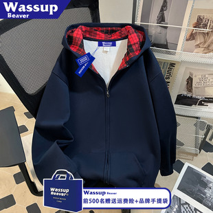 WASSUP BEAVER美式加绒连帽卫衣秋冬款男女宽松格子拼接开衫外套