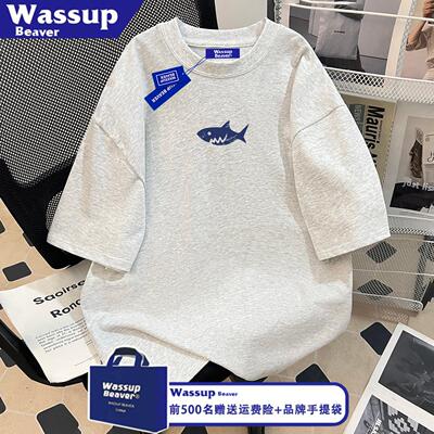WASSUP BEAVER美式高街简约鲨鱼印花短袖t恤男女夏季宽松半袖上衣