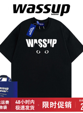 WASSUP BEAVER美式猫咪印花夏季短袖t恤重磅宽松纯棉男女情侣上衣