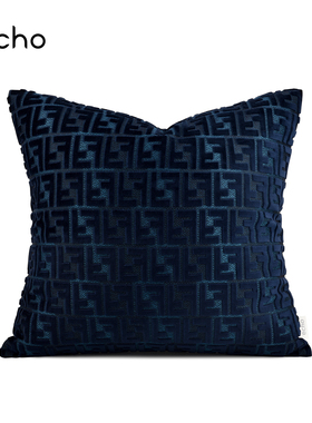 echo意式轻奢浮雕绒蓝色高档客厅沙发抱枕星级酒店别墅F字母靠垫