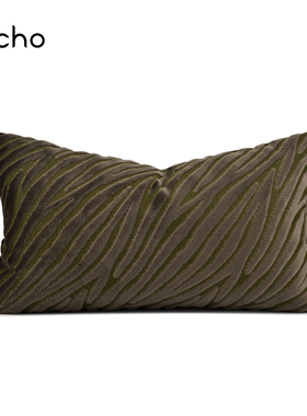 echo法式轻奢复古样板间绿色植物条纹进口割绒抱枕沙发飘窗腰靠垫