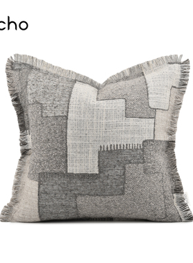 简约原木风样板间民宿灰色侘寂风棉麻流苏沙发客厅抱枕床上靠垫套