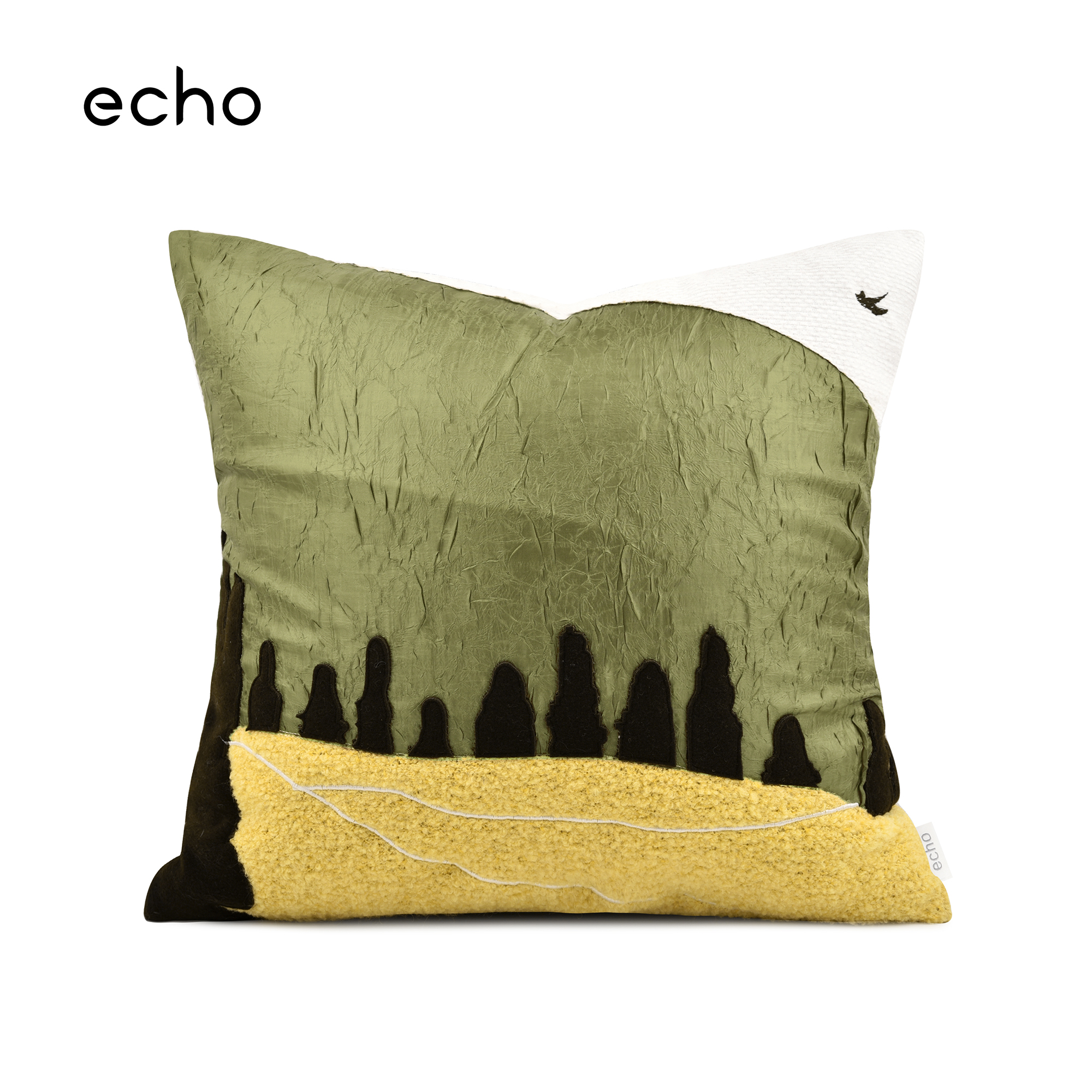 echo现代轻奢样板间黄绿色系树林绣花森林系列儿童房床上方枕靠垫