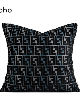 echo意式轻奢浮雕绒蓝黑色高档沙发大牌抱枕酒店样板间F字母靠枕