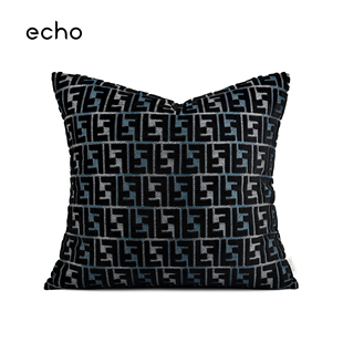 轻奢浮雕绒蓝黑色高档沙发大牌抱枕酒店样板间F字母靠枕 echo意式