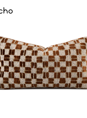 echo轻奢中古风进口割绒橘橙色几何格子样板间进口腰枕靠垫抱枕