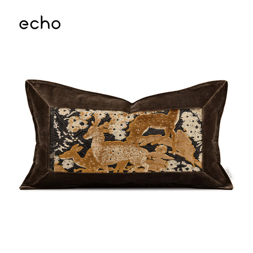 echo复古轻奢海派棕咖色拼接吉祥鹿割绒抱枕中古风样板间沙发腰枕