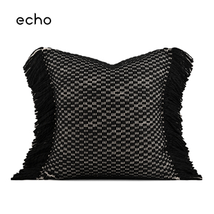 echo样板间Wabi Sabi黑色编织流苏沙发靠垫民宿中古风床上抱枕套