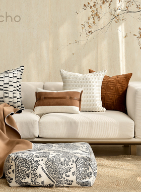 echo新中式侘寂风样板间轻奢复古橘橙色客厅沙发组合抱枕咕臣靠垫