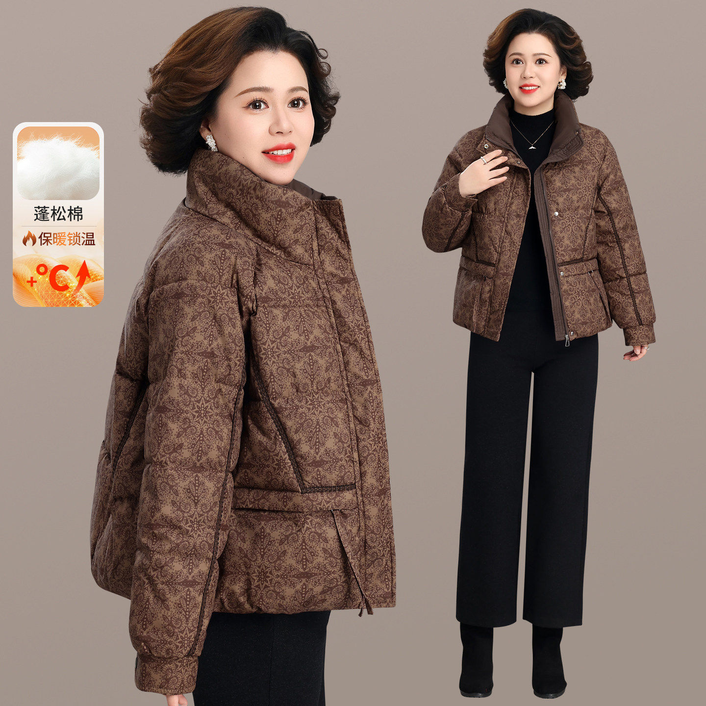 休闲风印花棉服女加厚保暖宽松中老年妈妈冬装外套洋气立领棉袄潮
