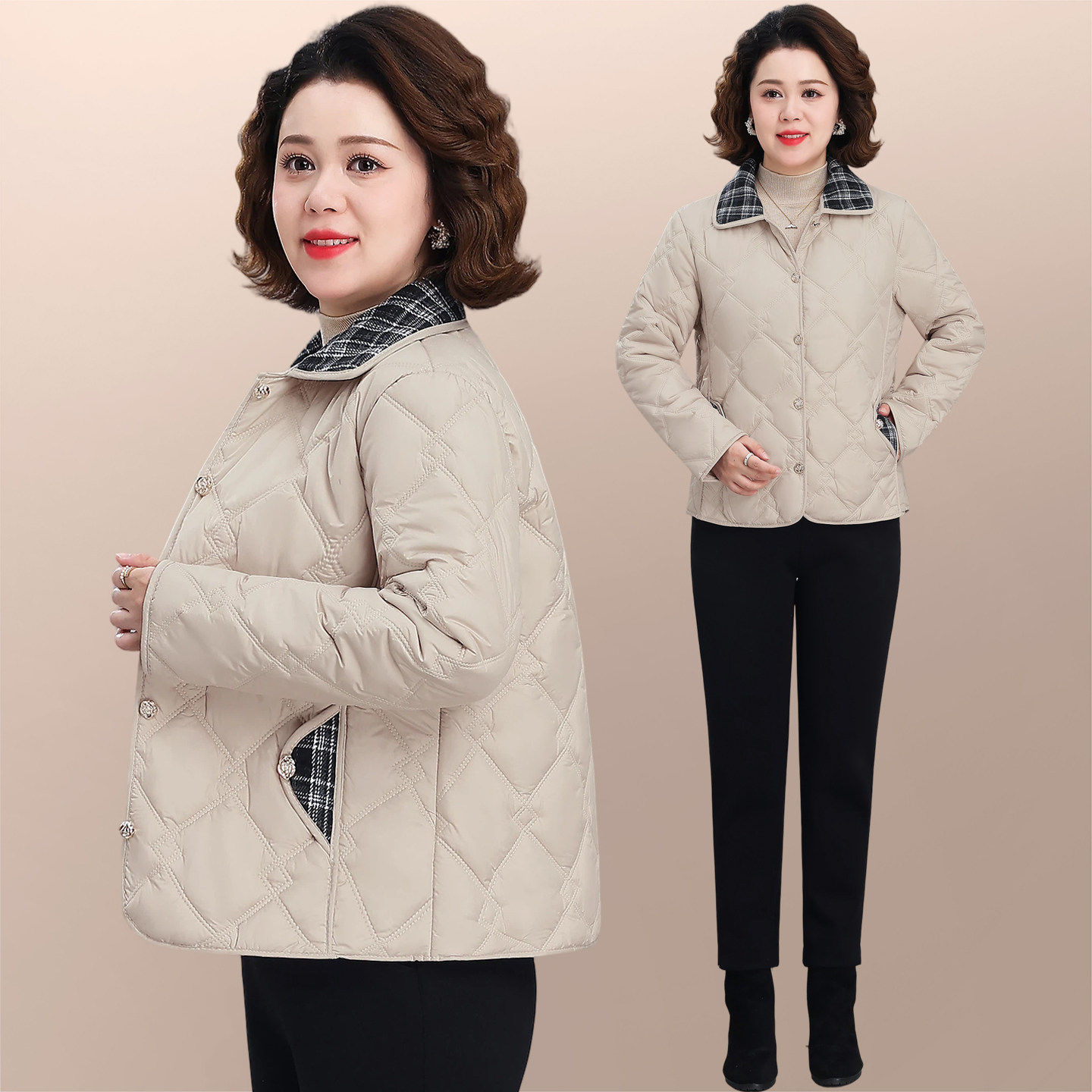 洋气妈妈轻薄夹棉外套冬装女2026新款冬季翻领保暖上衣时尚小棉袄