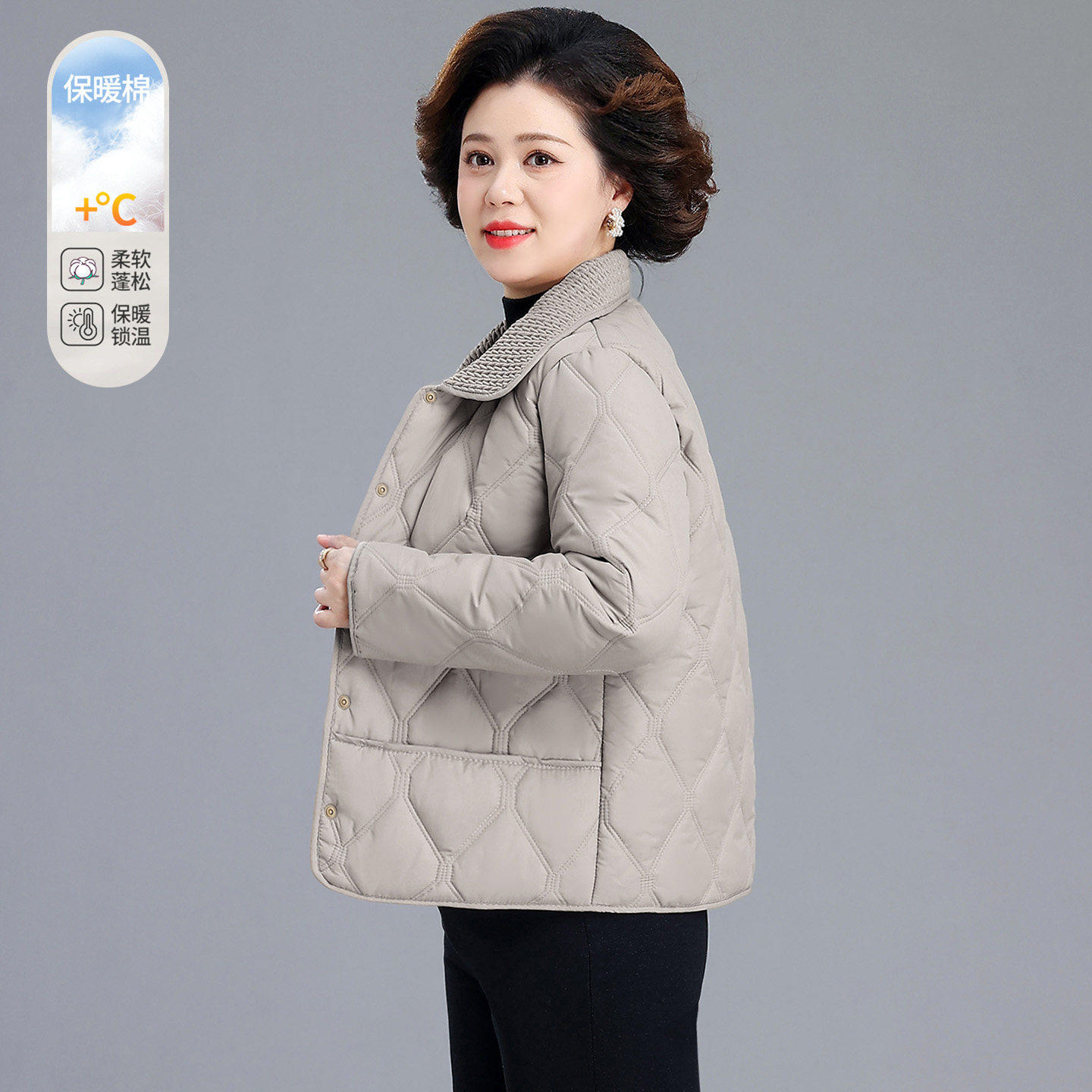 中年妈妈短款棉衣女冬季保暖棉袄时尚翻领外套轻薄款棉服小个子