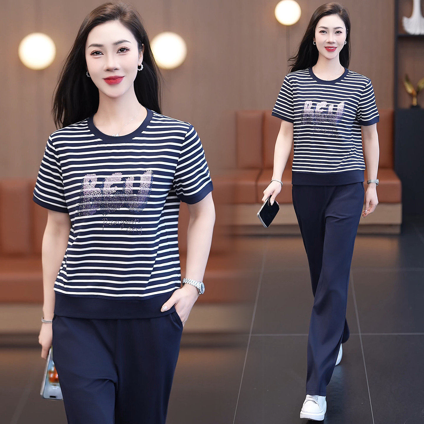 港味风格休闲运动套装女夏韩版高级感条纹短袖长裤减龄显瘦两件套
