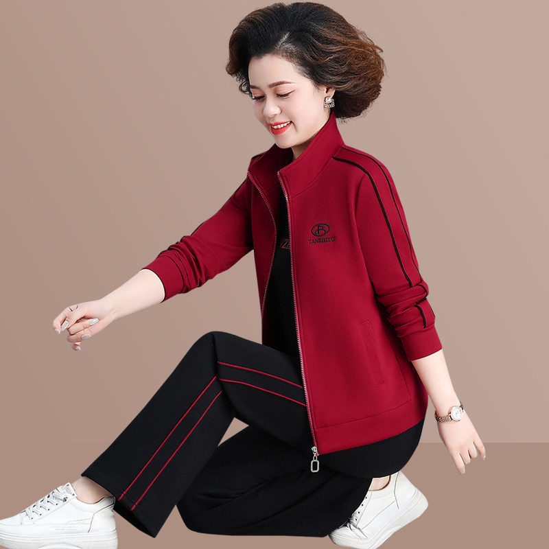 中老年女装时尚休闲风宽松运动服套装洋气妈妈春秋立领减龄三件套