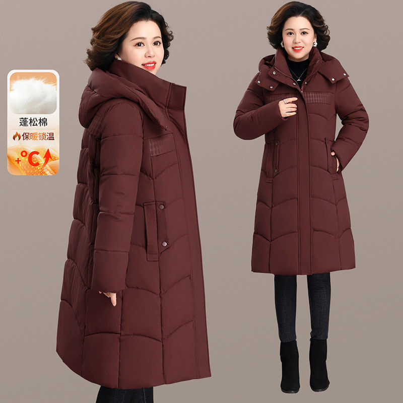 品牌中老年女装连帽长款羽绒棉服加厚保暖宽松外套冬装减龄棉袄女