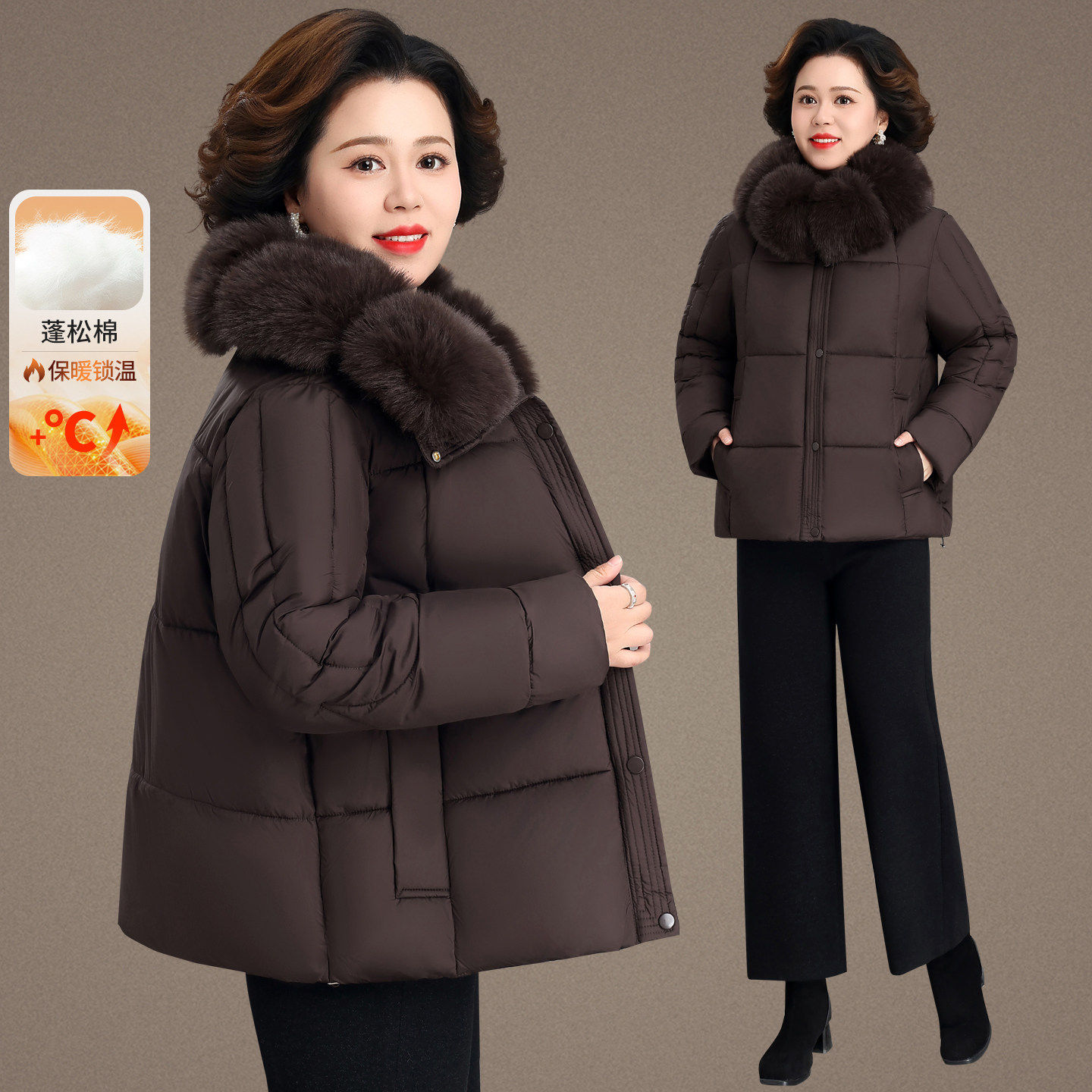 中老年女装连帽棉服冬季大毛领加厚保暖妈妈装宽松休闲时尚外套潮