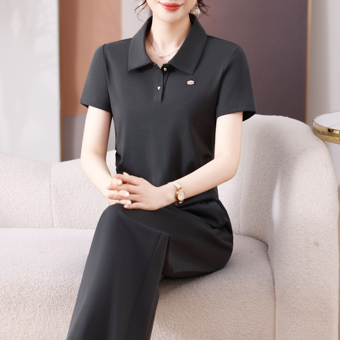 妈妈端庄大气运动套装夏中年妇女纯棉短袖上衣贵夫人POLO领两件套