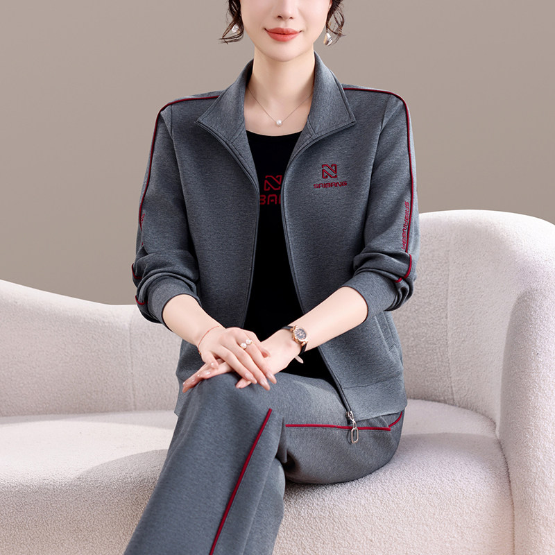 休闲服运动套装女士春秋洋气减龄中年妈妈棉质三件套宽松大码卫衣