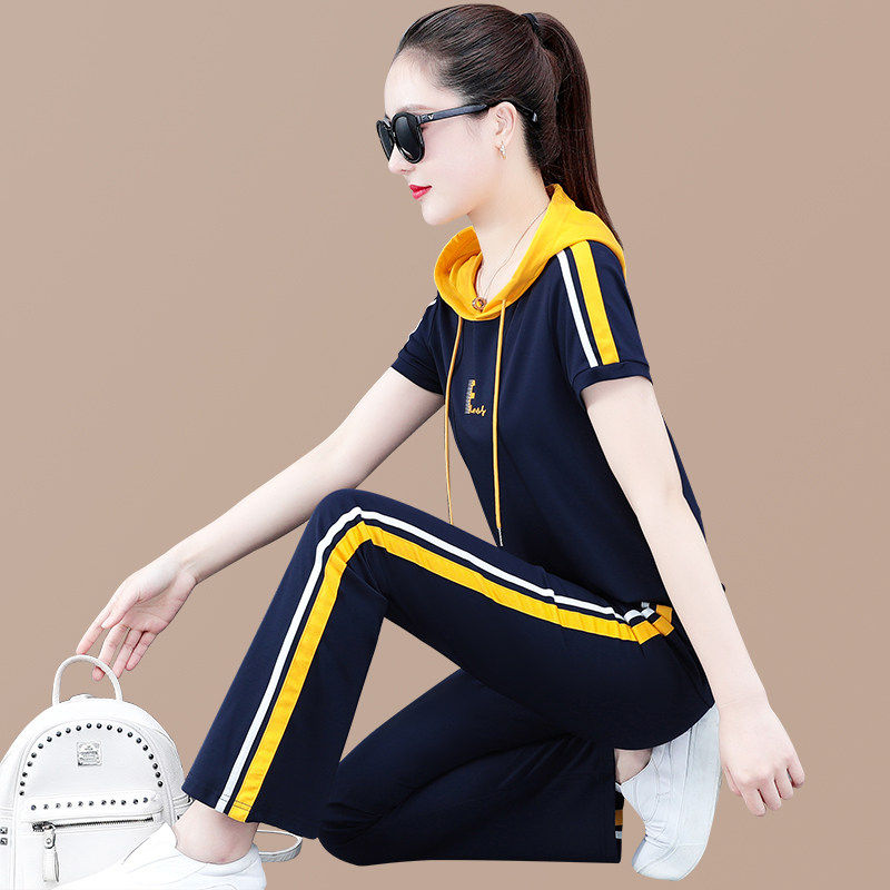 连帽运动套装女夏季新款时尚潮冰丝薄款短袖长裤休闲跑步服两件套