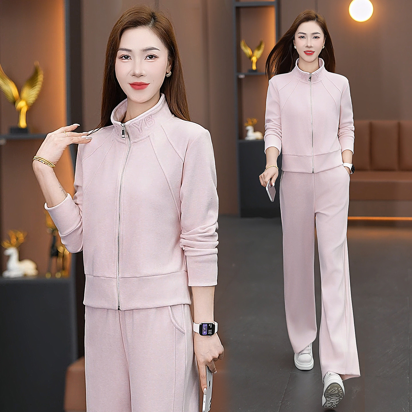 休闲运动套装女2026秋季新款修身型立领开衫两件套减龄显瘦拉链潮