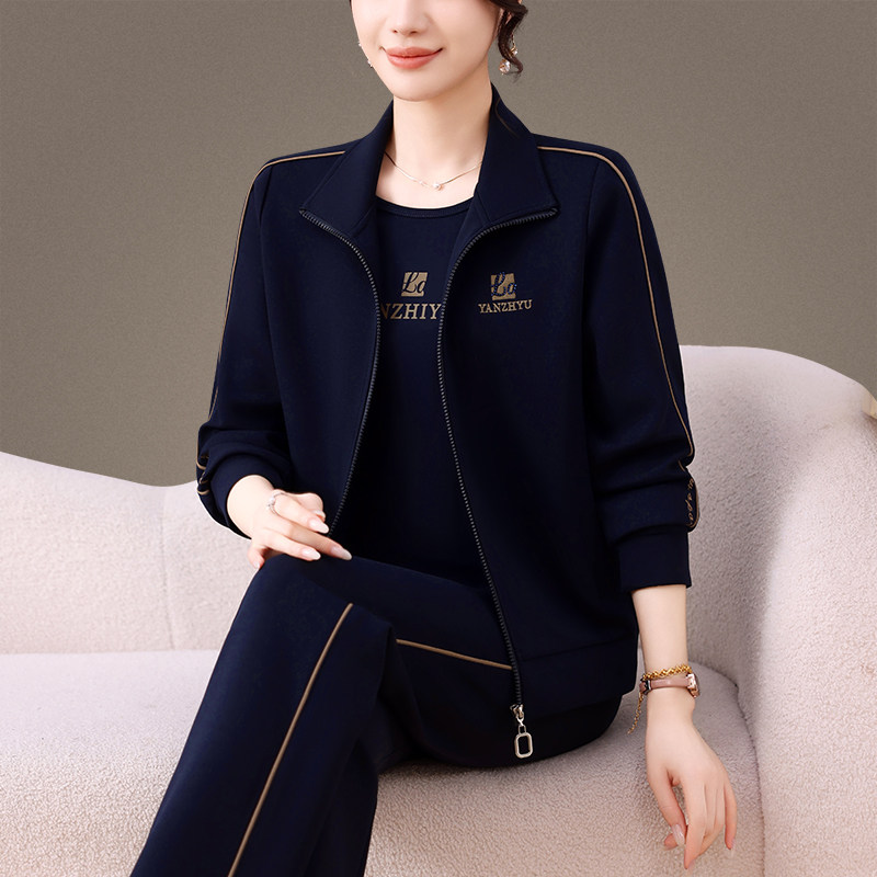 中年妈妈运动套装女三件套春秋季洋气减龄棉质休闲服宽松棉质卫衣