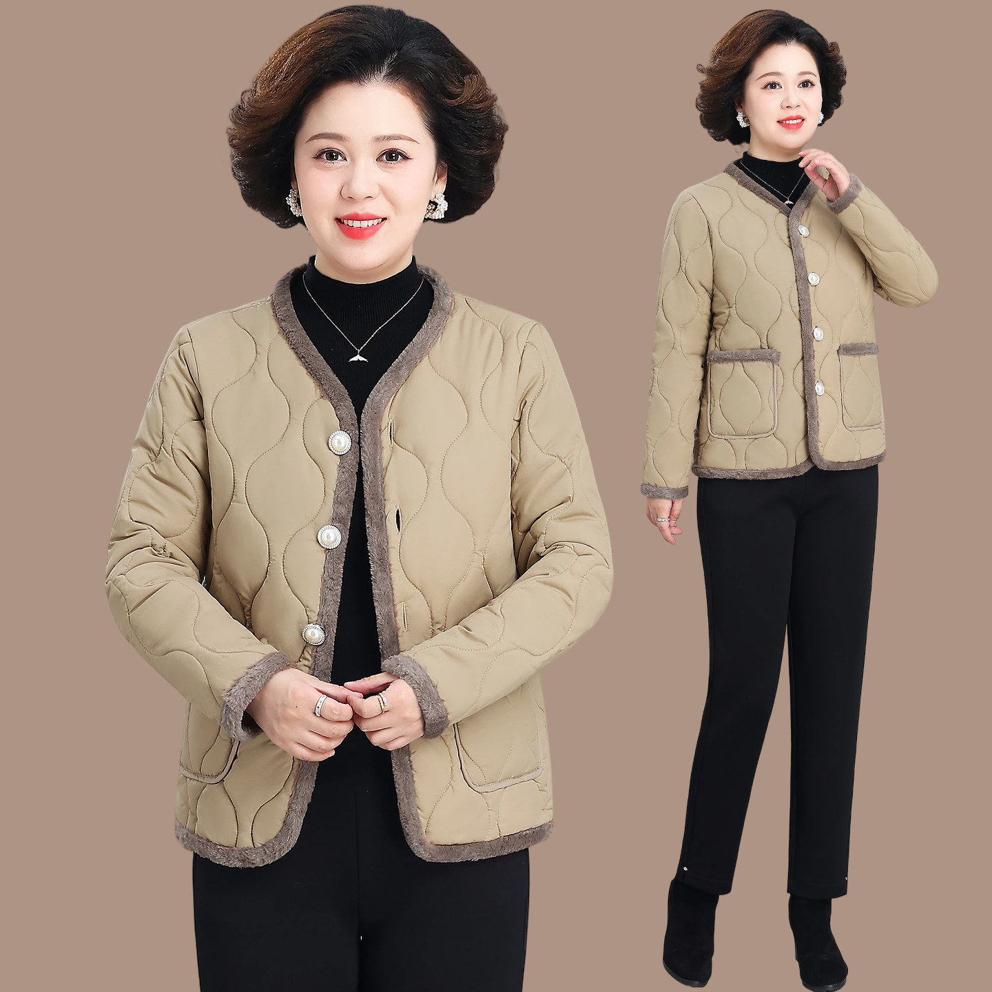 品牌中老年妈妈装V领排扣轻薄棉服女短款菱格纹毛边保暖百搭外套