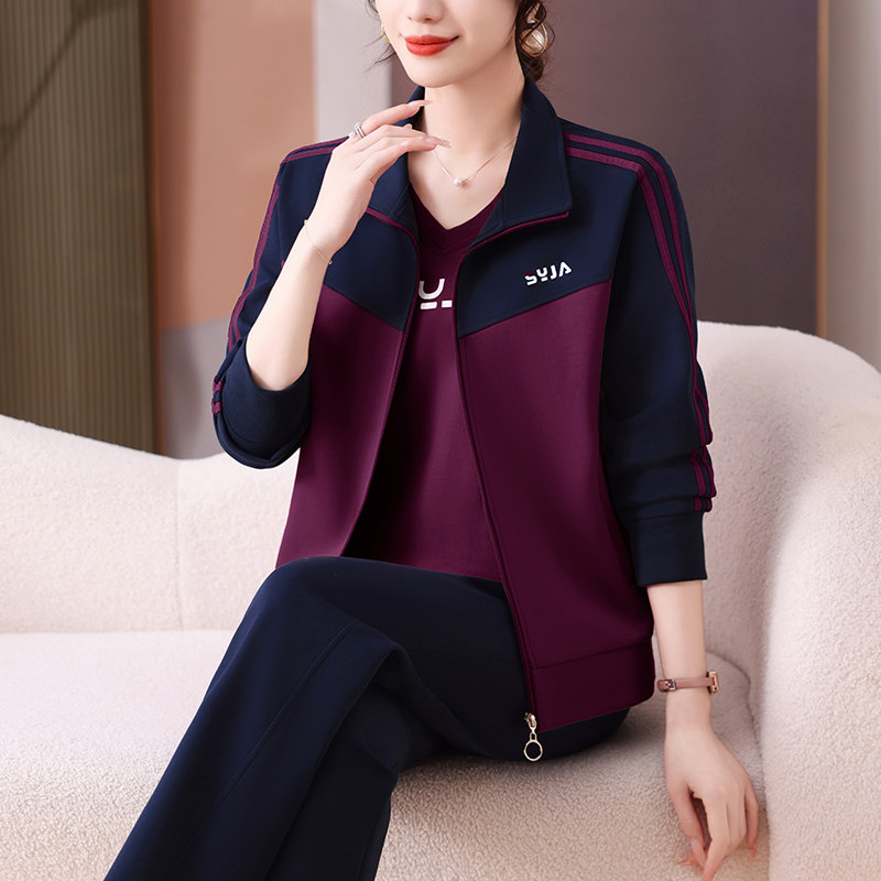 妈妈春装外套洋气休闲上衣气质新款中老年运动服套装女春秋三件套