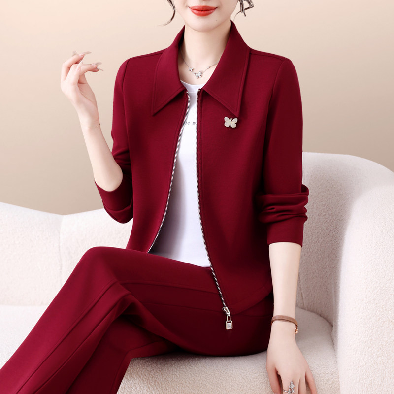 休闲套装女春秋款2026新款时尚洋气女士翻领长袖外套运动服两件套