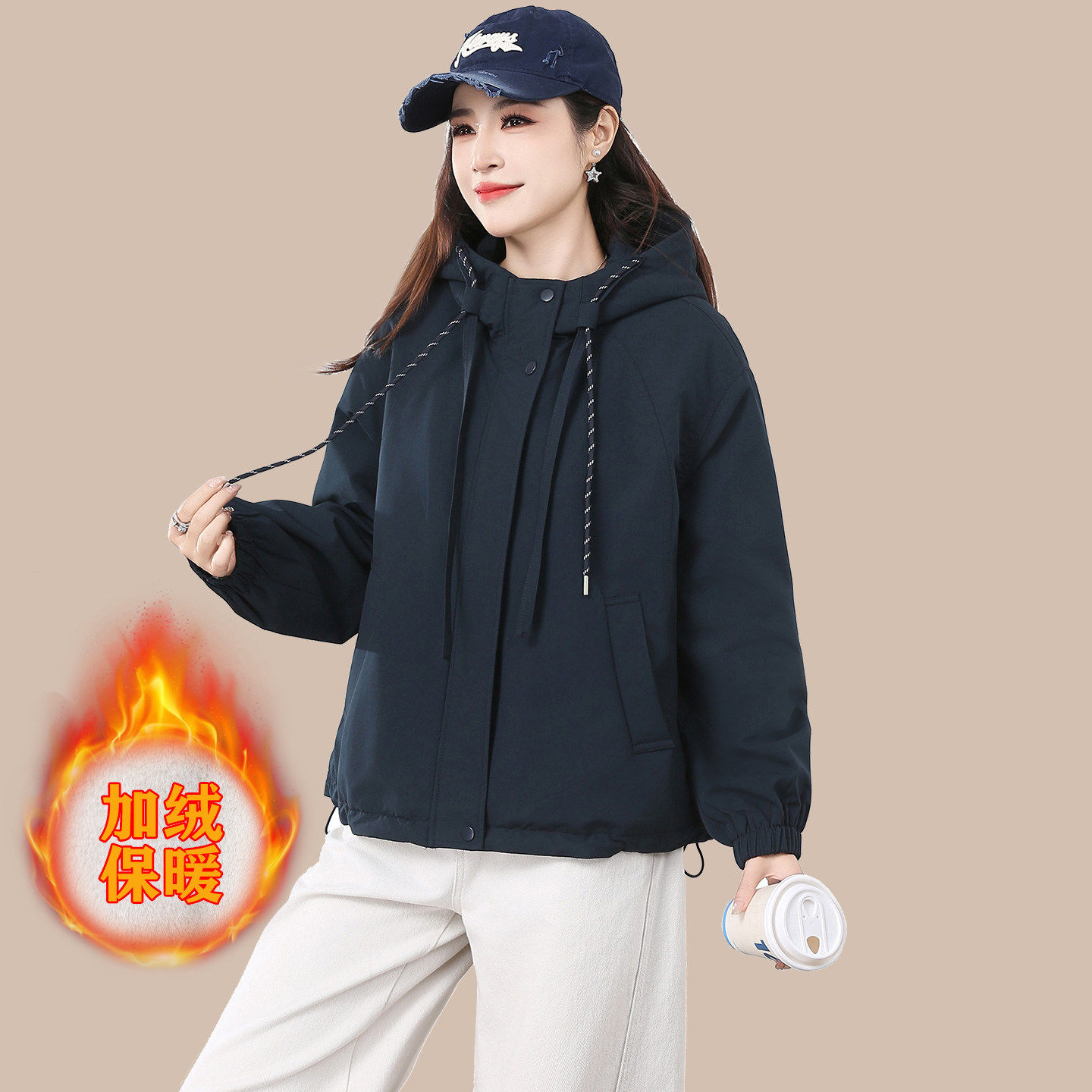 2026新款休闲风女连帽加厚棉服宽松抽绳保暖外套冬季拉链加绒棉袄