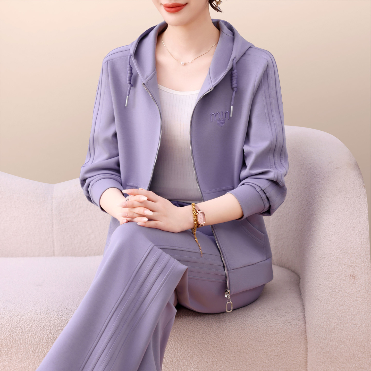 休闲运动套装女春秋2026新款时尚宽松洋气妈妈春装连帽卫衣两件套