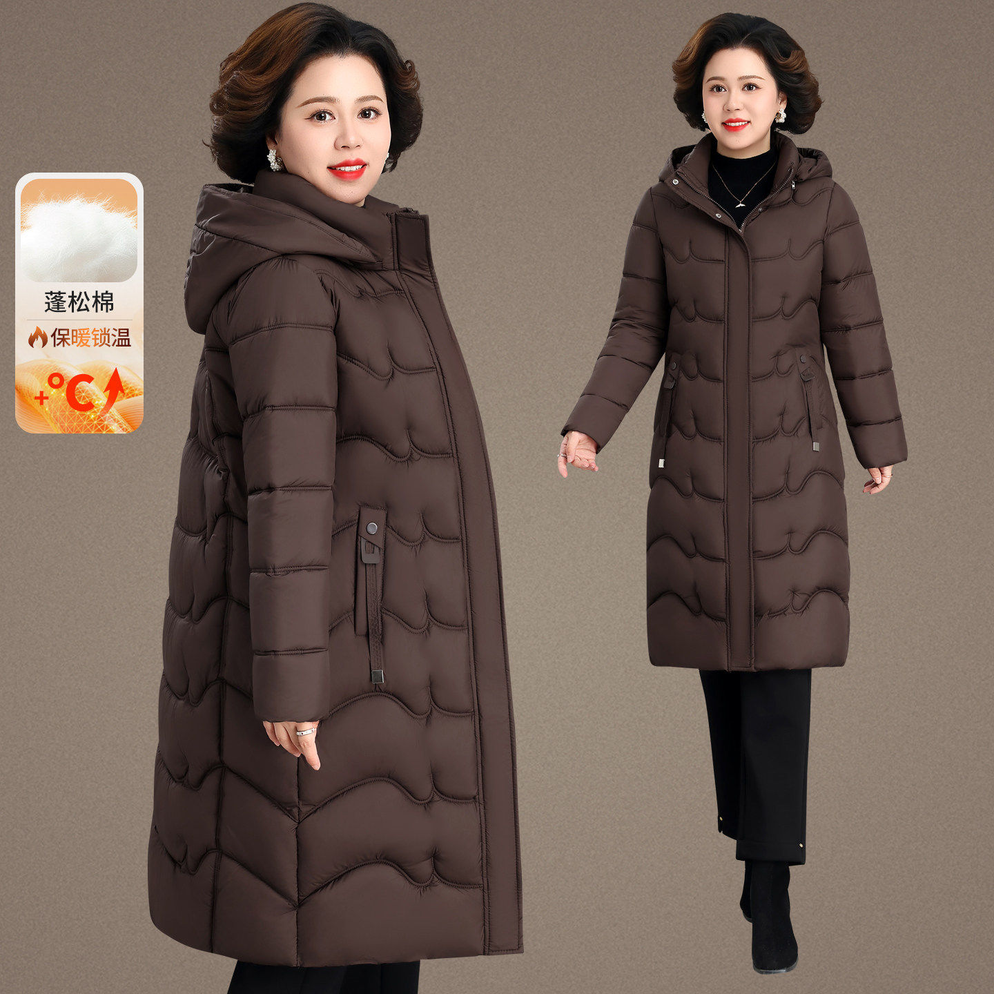妈妈装2026新款长款棉服女冬季连帽加厚保暖过膝棉衣大码拉链外套