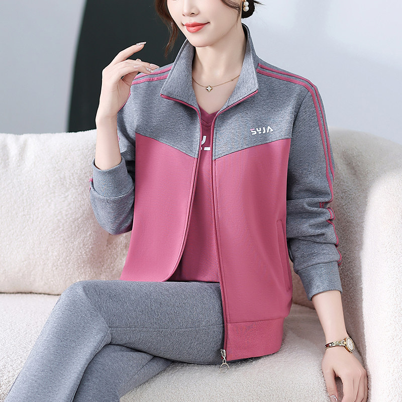 妈妈春装外套洋气休闲上衣气质新款中老年运动服套装女春秋三件套