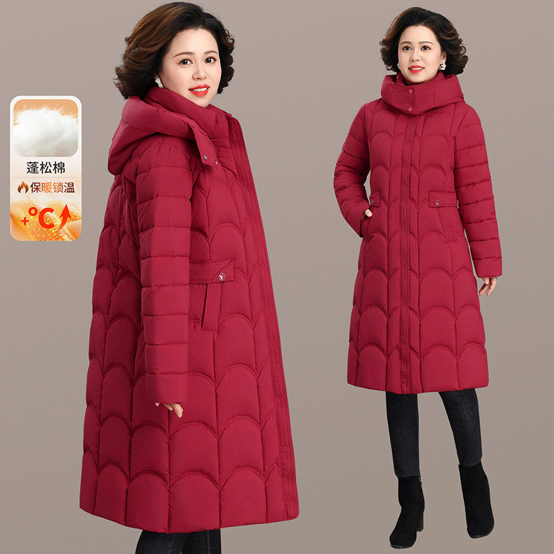 高品质中老年女装红色连帽长款羽绒棉服加厚保暖妈妈冬装外套棉衣