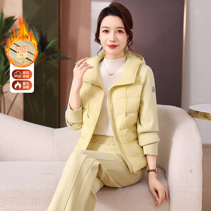 休闲运动套装女秋冬巨好看的加绒加厚羽绒服阔腿裤连帽卫衣两件套