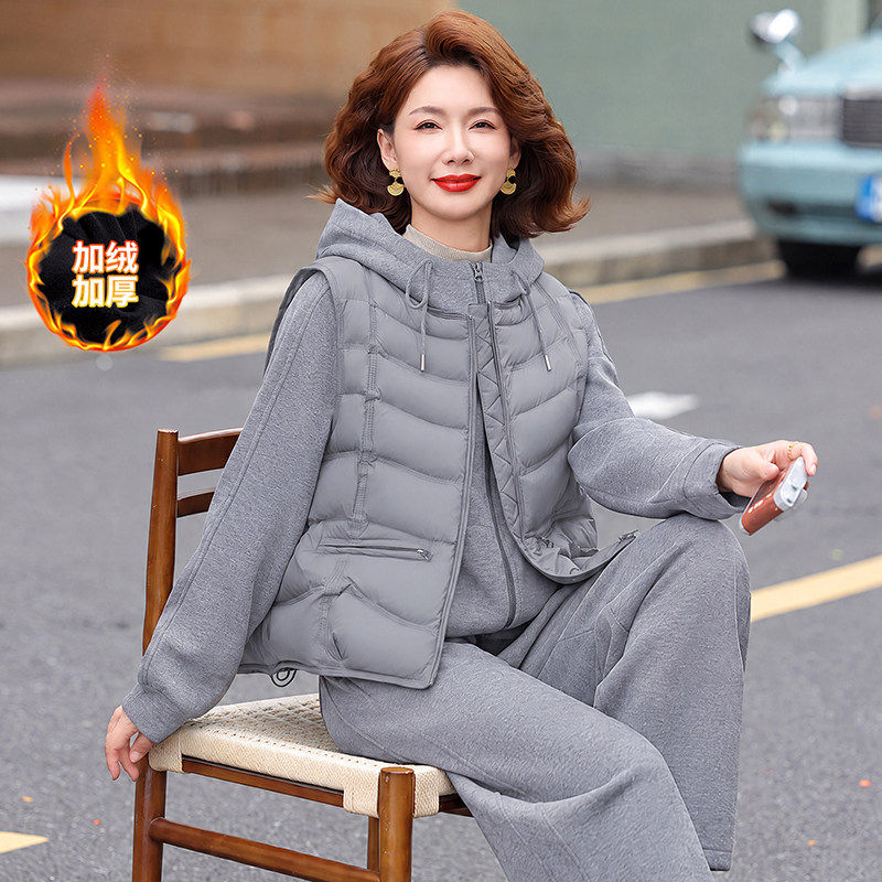 休闲运服动套装女冬季洋气连帽马甲卫衣阔腿裤三件套加厚保暖外搭