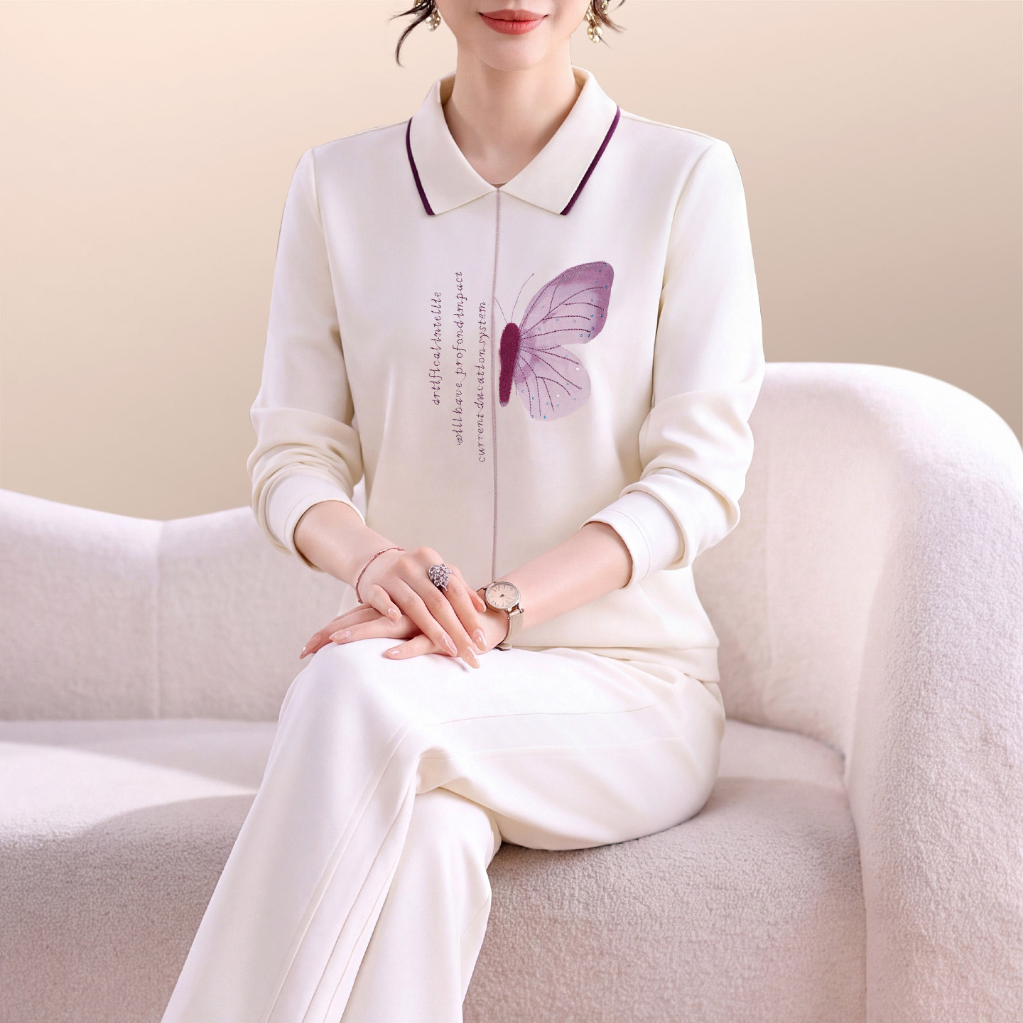休闲运动套装女士2026新款春秋季时尚洋气质翻领卫衣印花色两件套