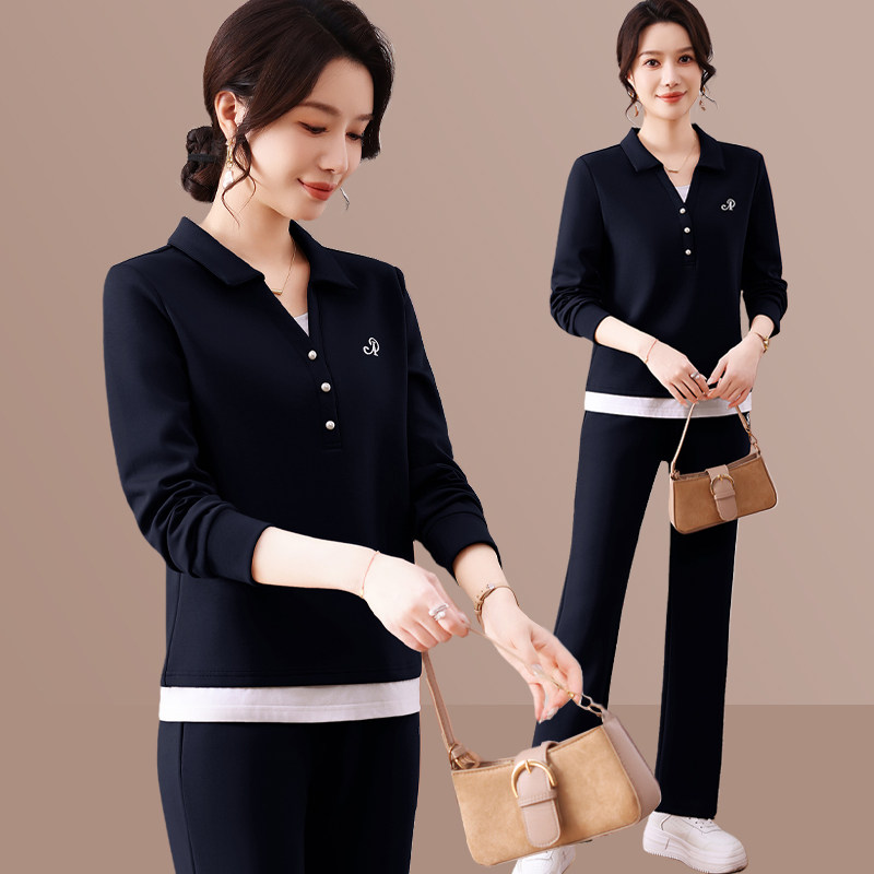 休闲风翻领女装两件套中老年妈妈装春秋季宽松减龄时尚运动服套装