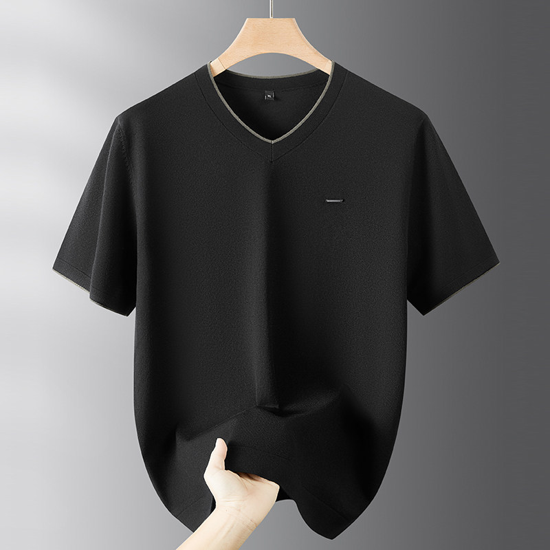 秋冬新款短袖毛衣男V领时尚休闲加肥加大码宽松潮胖子半袖针织衫