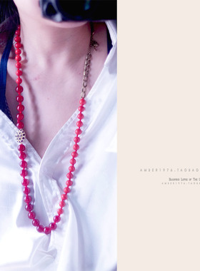 No.228 Fossil 浪漫迷人渐变红 合金镀金水晶镶嵌花卉项链毛衣链