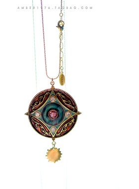 No.250 pilgrim 民族风仿古镀金复古珐琅釉水晶镶嵌镀金长项链