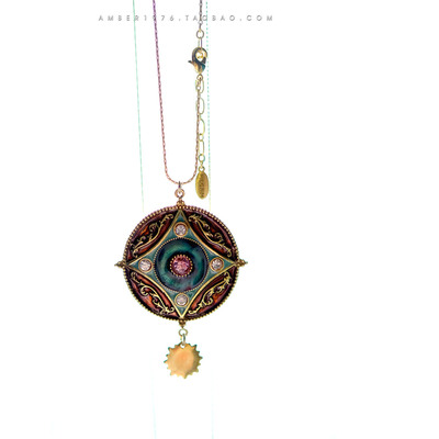 No.250 pilgrim 民族风仿古镀金复古珐琅釉水晶镶嵌镀金长项链