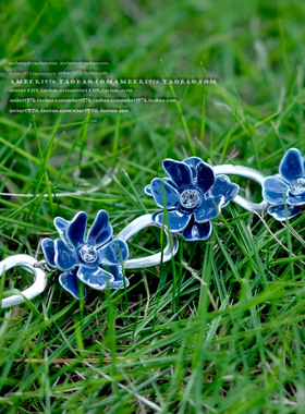 No.113「木槿Ⅱ」Pilgrim 优雅深海蓝 镀银珐琅釉花卉水晶钻手链