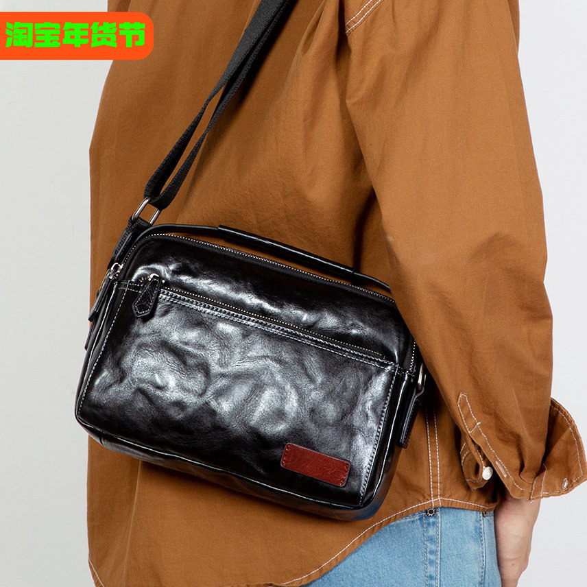 麦为时尚男士头层植鞣牛皮单肩包横款休闲真皮斜挎包黑色潮流背包