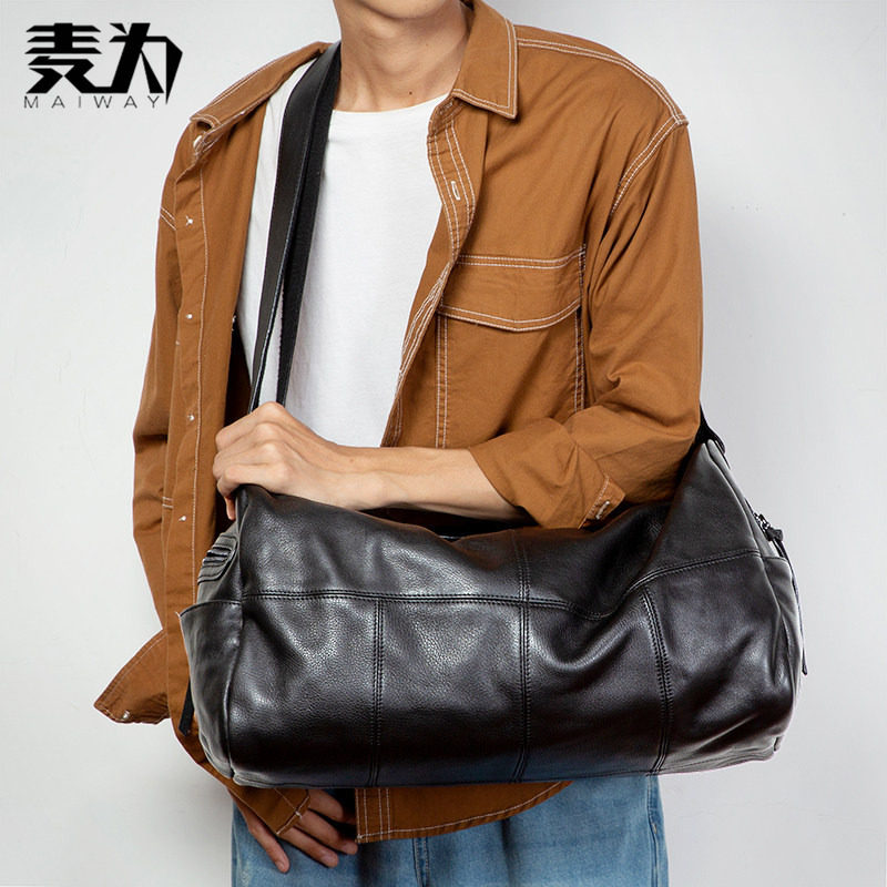 麦为时尚潮流真皮旅行包短途行李包男士头层牛皮单肩包健身斜挎包