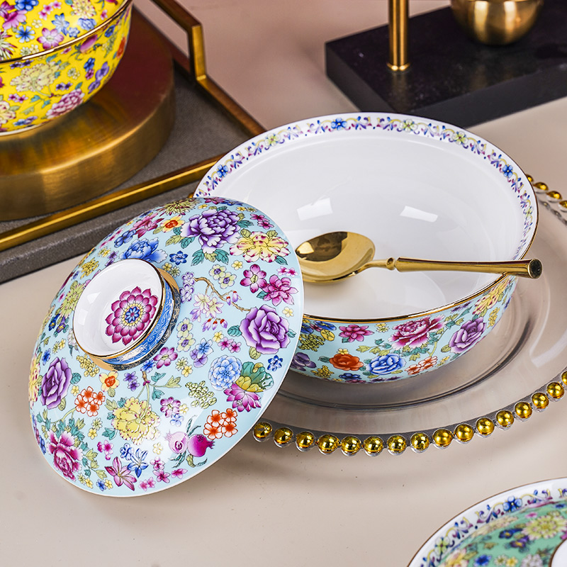 7英寸珐琅彩泡面碗中式家用拉面条碗带盖大号汤碗景德镇陶瓷餐具