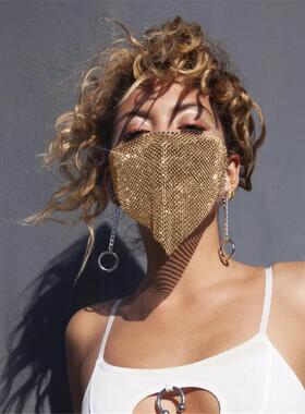 钻石口罩蹦迪电音节夜店炫酷金属水钻超闪饰品透气三角面罩女1201