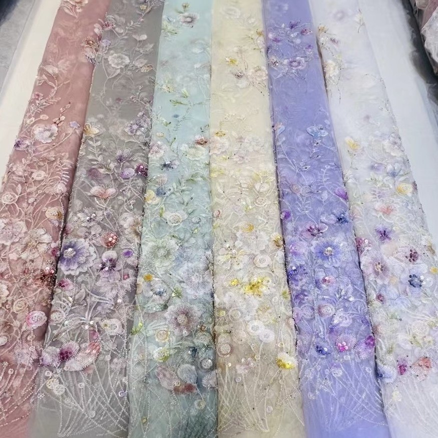 N101跨境彩色盘花珠绣亮片立体定位刺绣网纱时尚面料制衣洋服布料