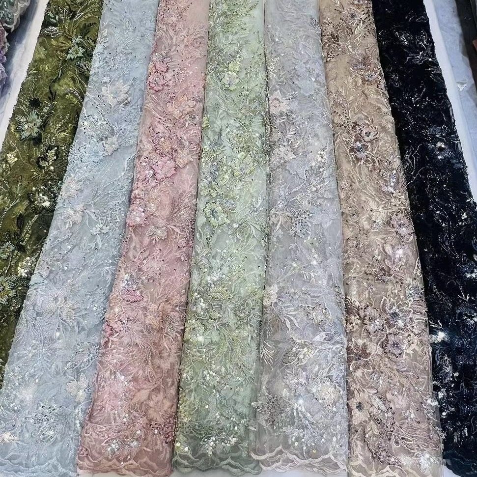 N109跨境彩色珠绣亮片花朵立体刺绣网纱面料订制洋服礼服布料粉色