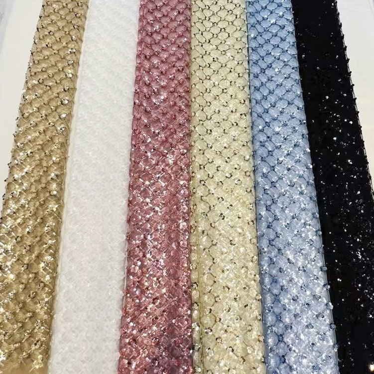 N103新款高档DIY立体星缀花网珠绣蕾丝花边面料刺绣钩花布料黑色