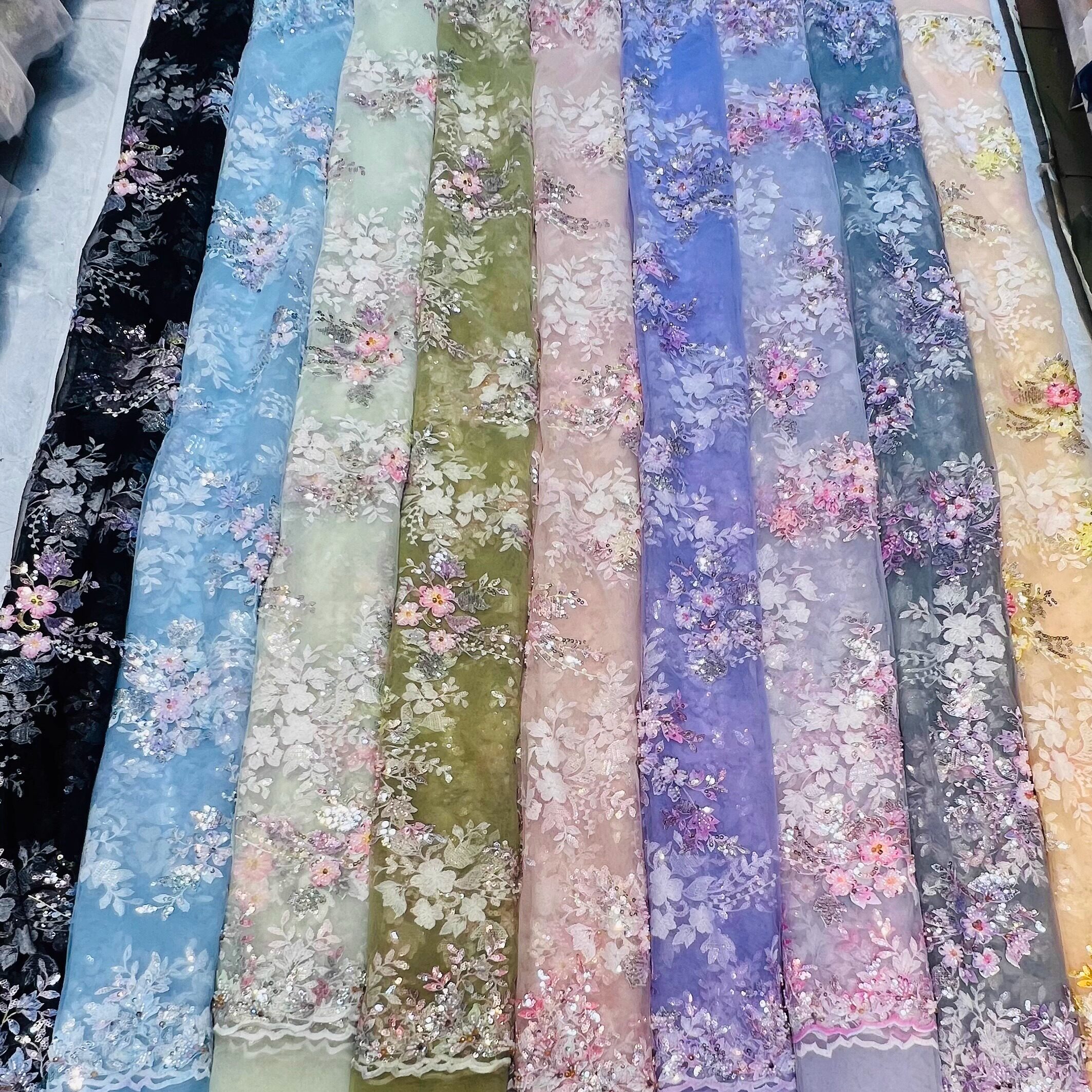 N97跨境彩色花朵珠绣亮片立体刺绣网纱时尚面料制衣洋服布料剪花